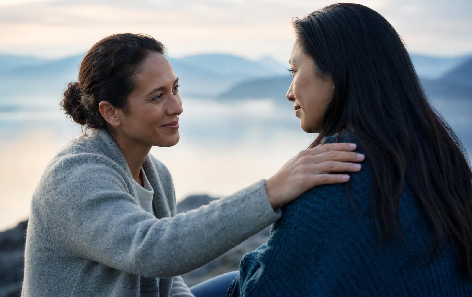 Two people sharing a supportive, friendly moment outdoors at dawn